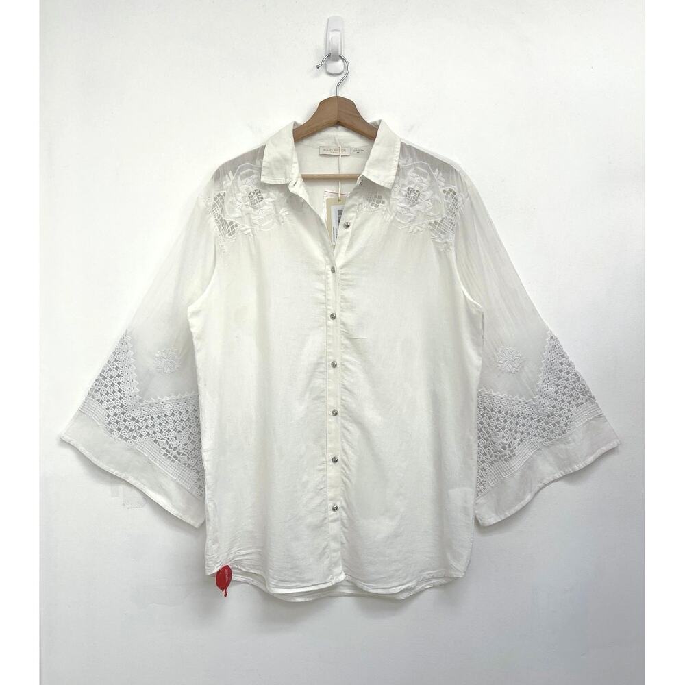 Ramy Brook Natasha Embroidered Lace Flare Sleeves Button Down Boho Shirt Medium